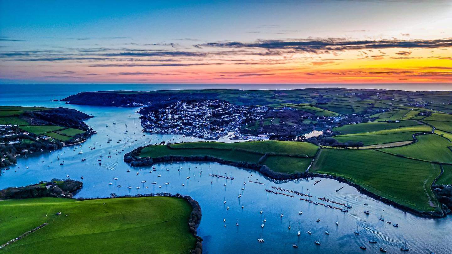 Aerial view over Salcombe harbour at sunset